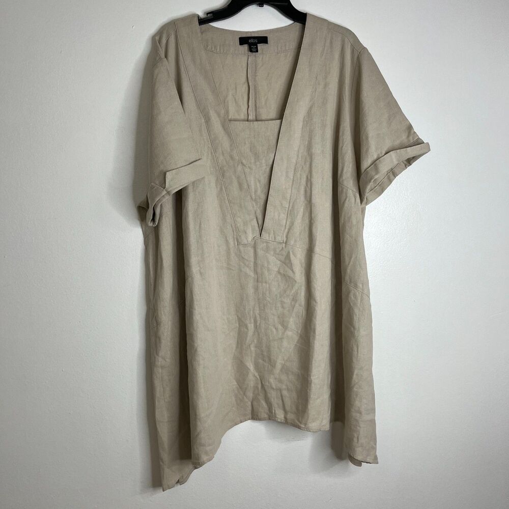 ELLOS Women's Plus Size 1X Tan Linen Blend Hanky Hem Tunic Blouse Lagenlook